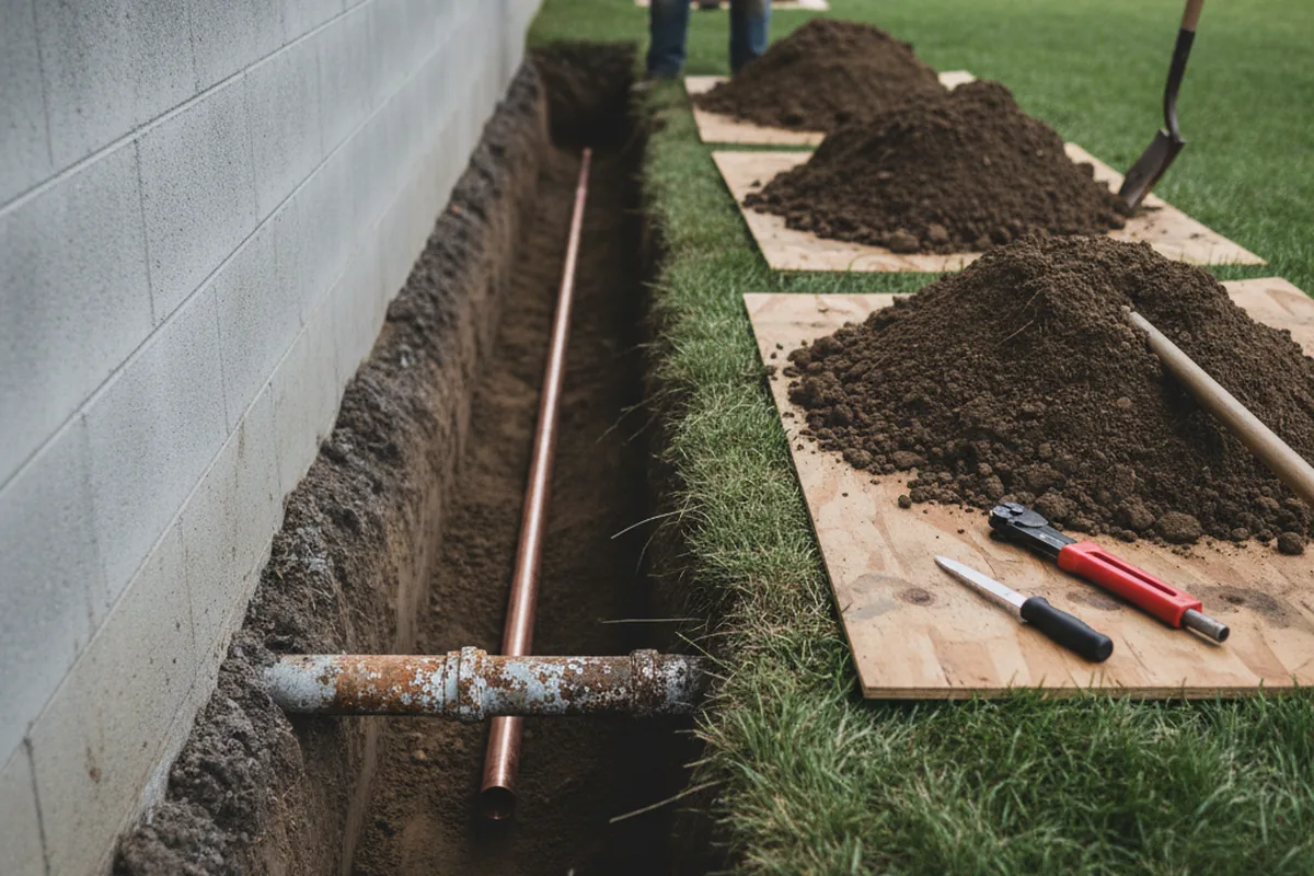 Excavated water line trench during Water Heater Repair in Hopkins